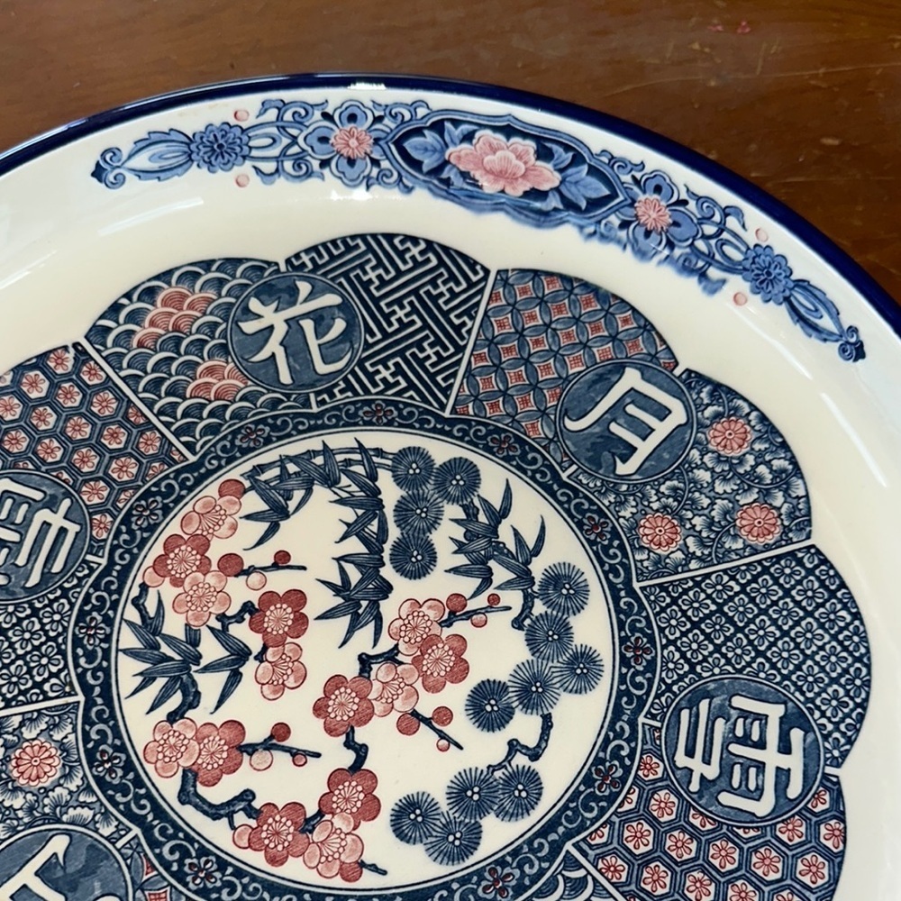 Japanese Imari Style Plate Blue Pink Floral Motif Kanji Design - Picture 7 of 8